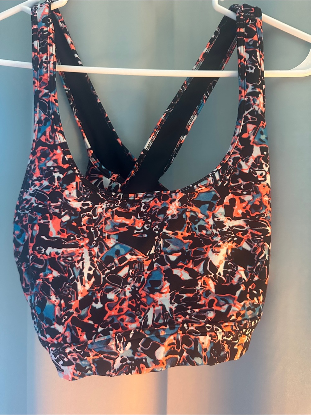 Under Armour Black Sports Bra with Coral & Teal Abstract Print